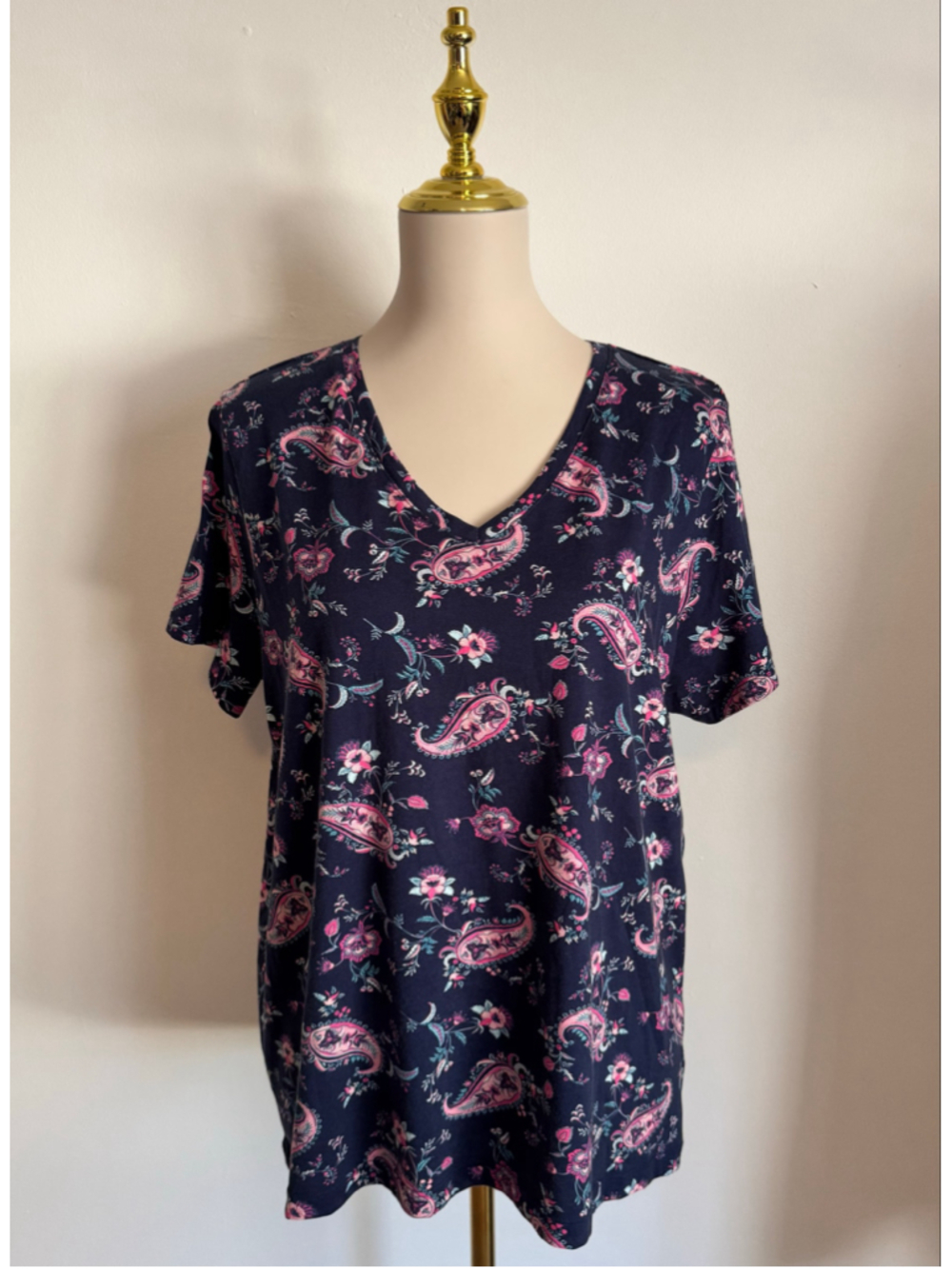 Women's Lands' End Paisley V-Neck Short Sleeve Tee Navy Pink Size L